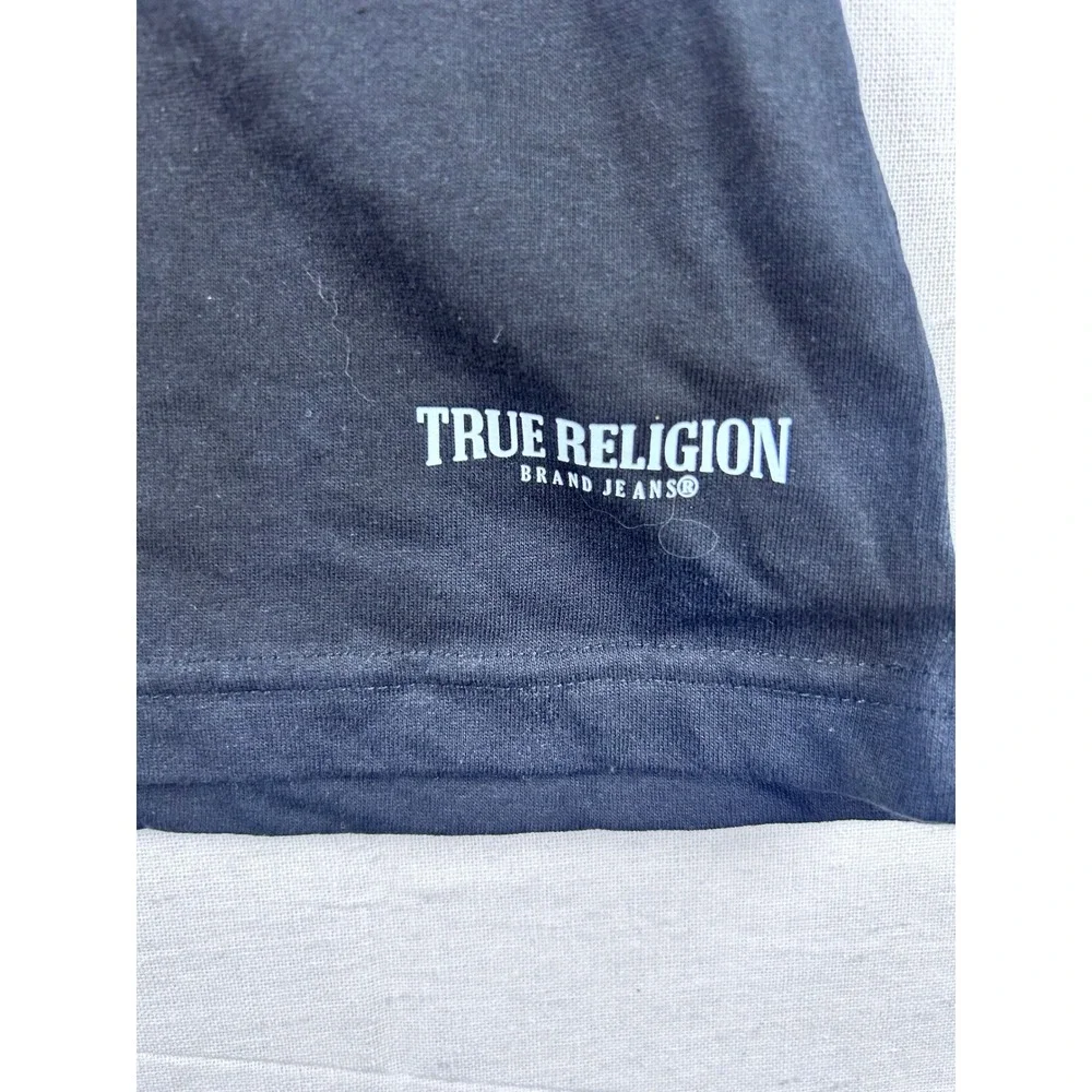 True Religion Mens Black Horseshoe Logo Sleeve Graphic T-Shirt Medium RN 90737